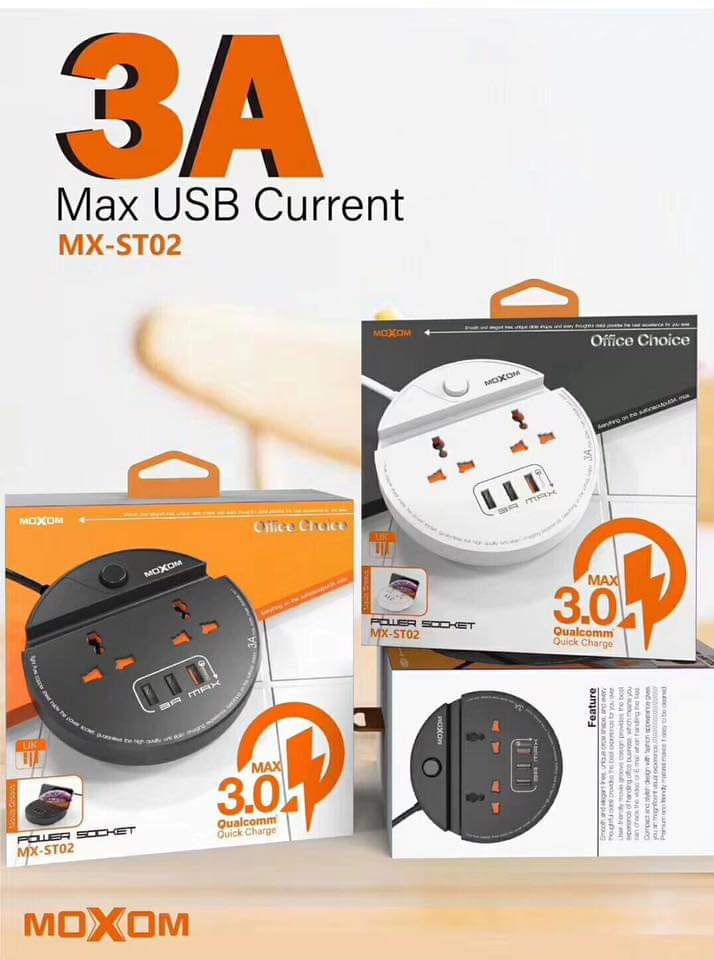 موزع كهرباء وشاحن سريع MOXOM MX-ST03 مع QC3.0 و3 منافذ USB + حامل جوال - Image 2 + 1