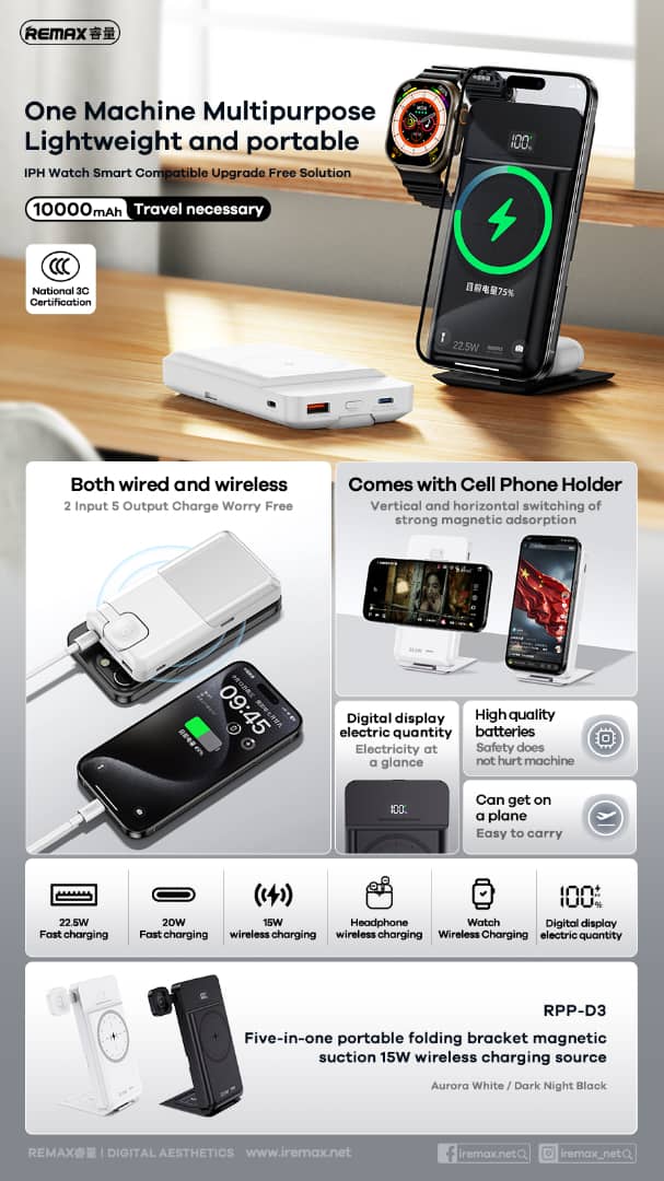 بنك طاقة لاسلكي محمول 5 في 1 من ريماكس RPP-D3، - Image 2 + 1