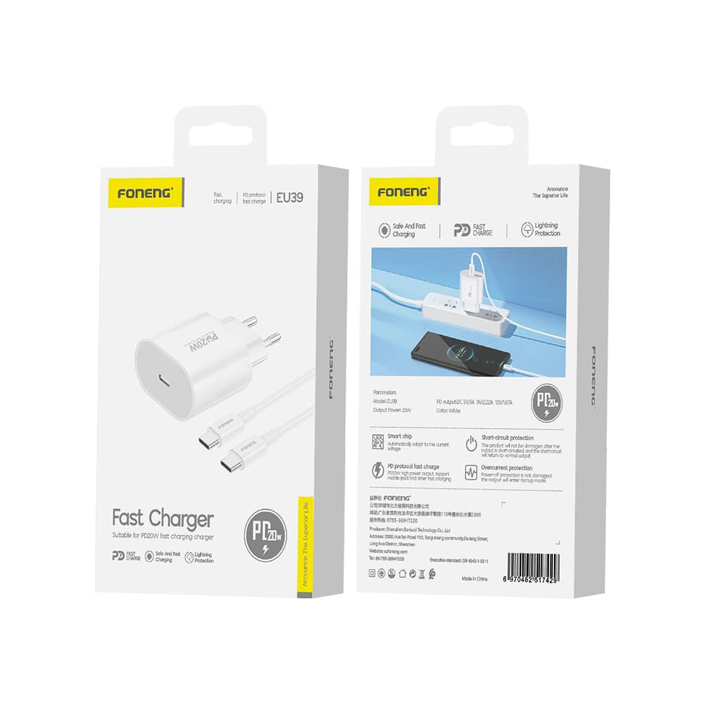 شاحن فائق السرعة FONENG EU39 PD 20W مع كابل - Image 1 + 1