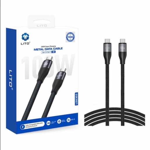 وصلة شحن سريع lito معدني من Type-C إلى Type-C بقوة 100 واط و6 أمبير - Image 1 + 1
