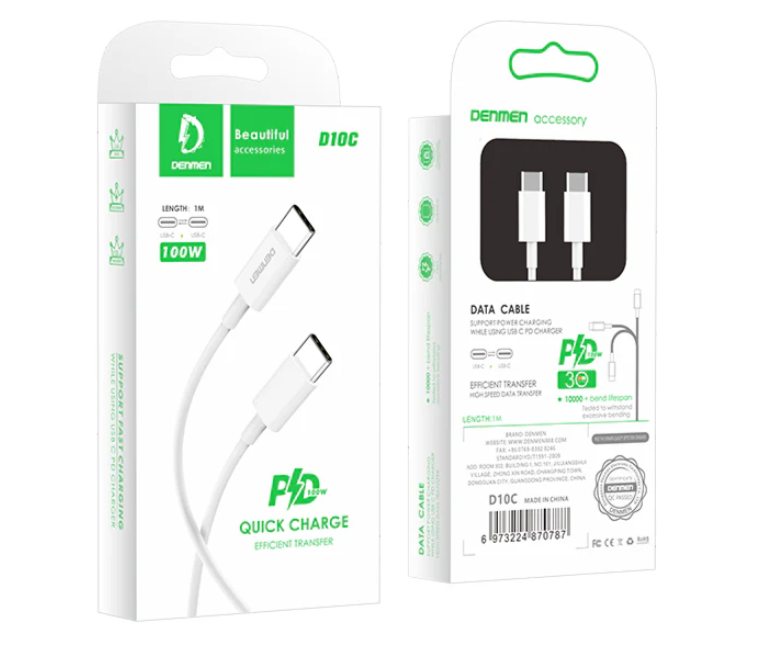 وصلة denmen من Type-C إلى Type-C شحن سريع PD بقوة 100 واط  بطول 1 متر - Image 1 + 1