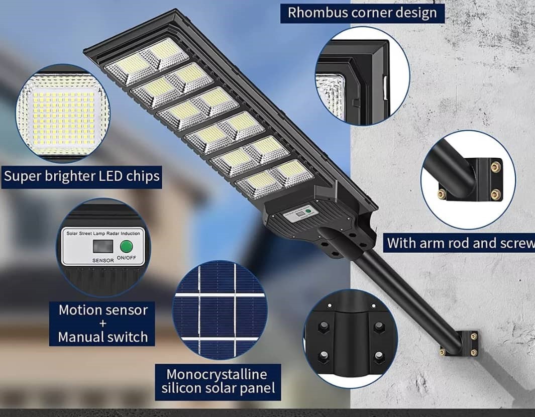 كشاف إنارة شارع بالطاقة الشمسية 600 واط – مع حساس حركة و1200 LED 