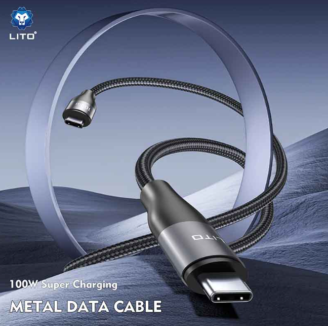وصلة شحن سريع lito معدني من Type-C إلى Type-C بقوة 100 واط و6 أمبير - Image 2 + 1