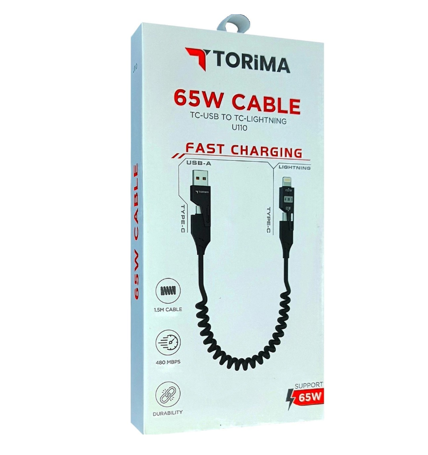 وصلة الشحن الحلزونية متعددة الاستخدامات torima | شحن سريع 65W | تصميم 4 في 1 | متوافقة مع أجهزة iPhone وAndroid وType-C | بطول 1.5 متر  - Image 1 + 1