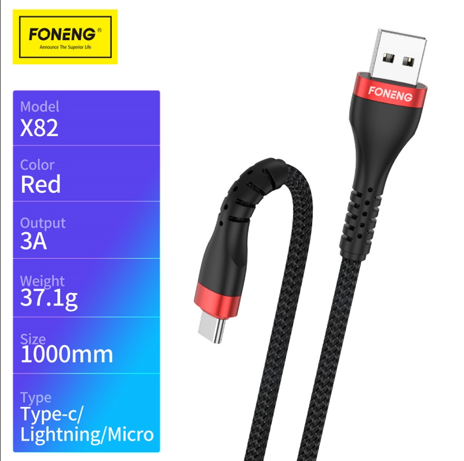 وصلة foneng المضفرة برأس معدني شحن سريع 3A | بطول 1 متر - Image 2 + 1