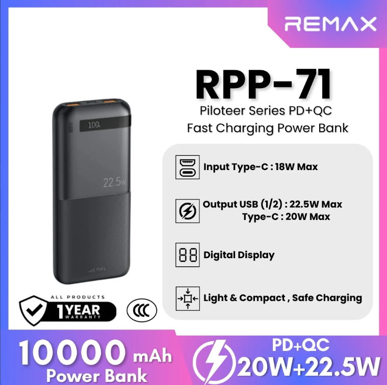 باور بانك remax بسعة 10000 مللي أمبير مع شحن سريع PD+QC (PD 20W + QC 22.5W) - Image 1 + 1