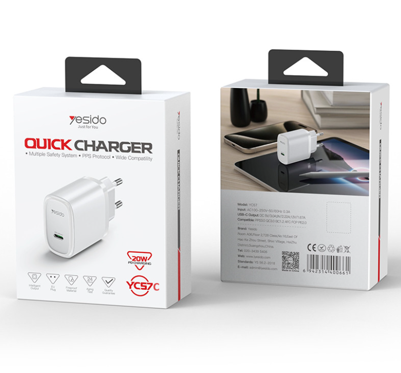 شاحن yesido PD بقدرة 20 واط – بمنفذ USB-C ووصلة Type-C إلى Type-C - Image 1 + 1
