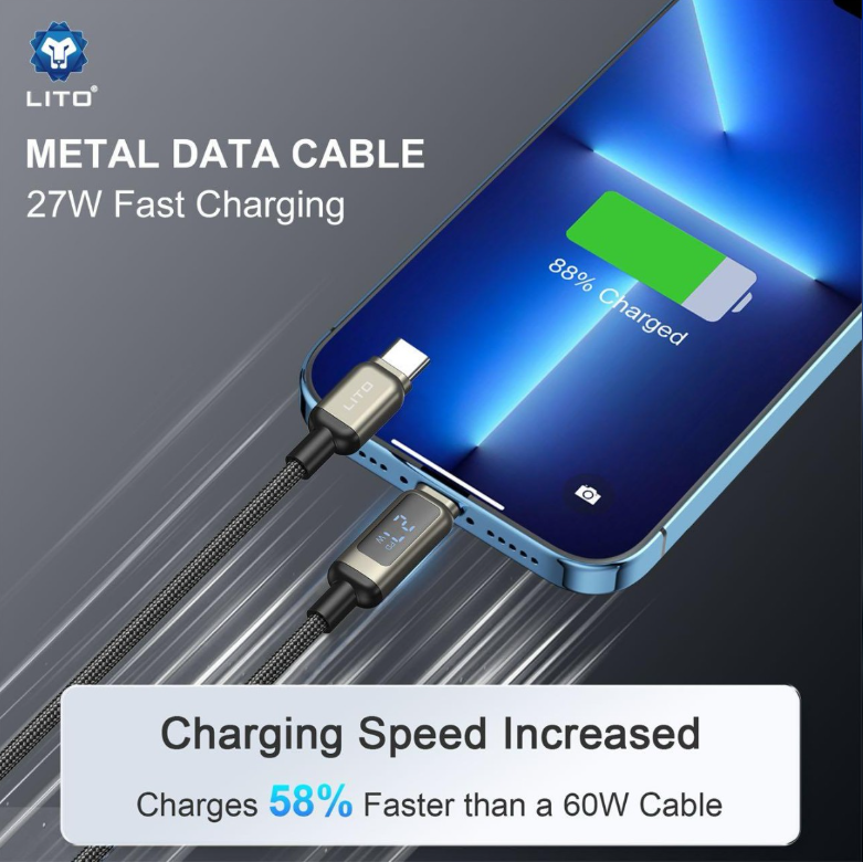وصلة شحن سريع lito من USB-C إلى Lightning مع شاشة LED (100 سم، 27 واط) - Image 2 + 1