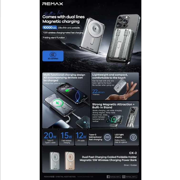 باور بانك remax بسعة 10000 مللي أمبير مع شحن لاسلكي مغناطيسي قابل للطي (PD 22.5W + MagSafe 15W)  - Image 2 + 1