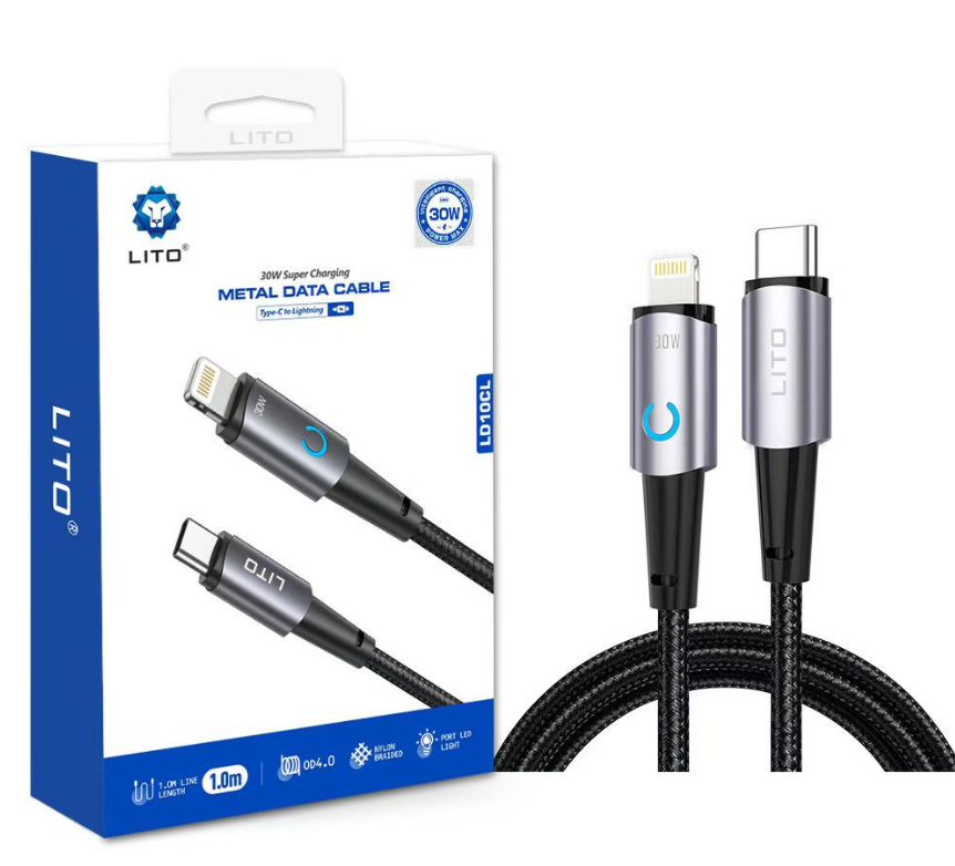 وصلة بيانات وشحن فائق lito بقوة 30 واط من Type-C إلى Lightning مع ضوء LED  - Image 1 + 1
