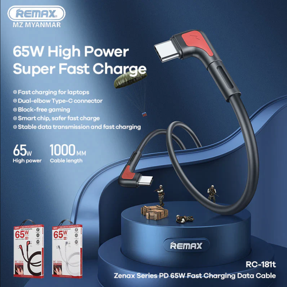 وصلة شحن سريع remax ZENAX Series 65W – من نوع Type-C إلى Type-C (1 متر) - Image 1 + 1