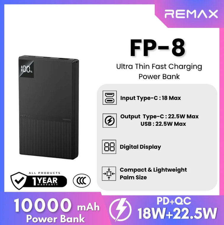 باور بانك remax بسعة 10000 مللي أمبير – فائق النحافة مع شحن سريع (PD 20W + QC 22.5W) - Image 1 + 1