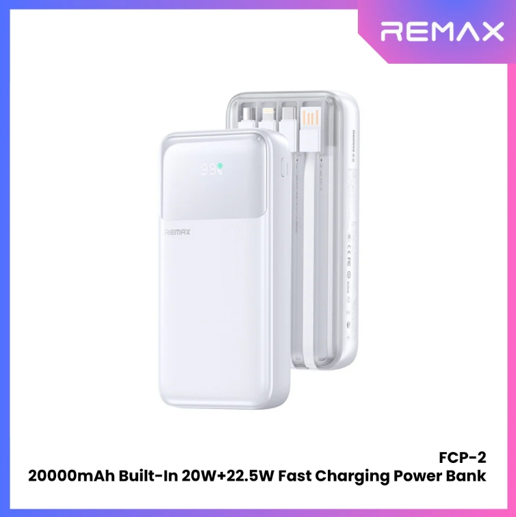 باور بانك remax بسعة 20000 مللي أمبير مع كابلات مدمجة وشحن سريع (PD 20W + QC 22.5W)  - Image 2 + 1