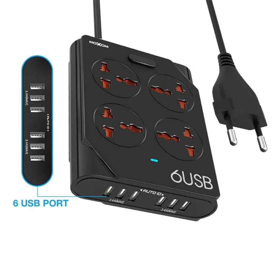 شاحن MOXOM KH-63 موزع كهرباء مع 4 مقابس و6 منافذ USB