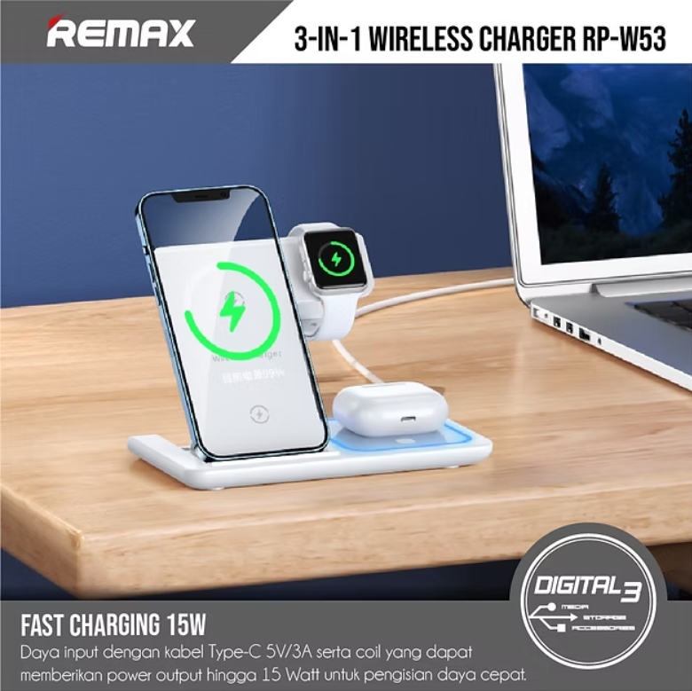 شاحن لاسلكي remax قابل للطي 3 في 1 بقوة 15 واط - Image 2 + 1