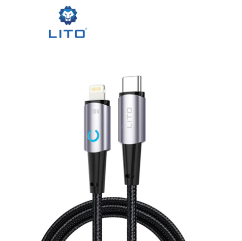 وصلة بيانات وشحن فائق lito بقوة 30 واط من Type-C إلى Lightning مع ضوء LED 