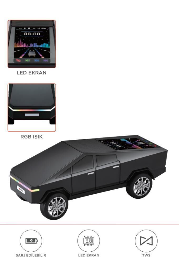مكبر صوت بلوتوث torima بتصميم مستوحى من CyberTruck– صوت قوي 15 واط مع إضاءة RGB / TWS / USB  - Image 1 + 1
