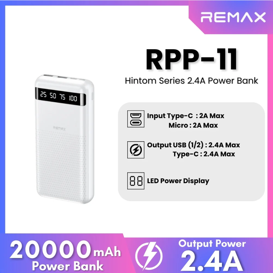 باور بانك remax سعة 20000 مللي أمبير مع شحن سريع (2.4A) - Image 1 + 1