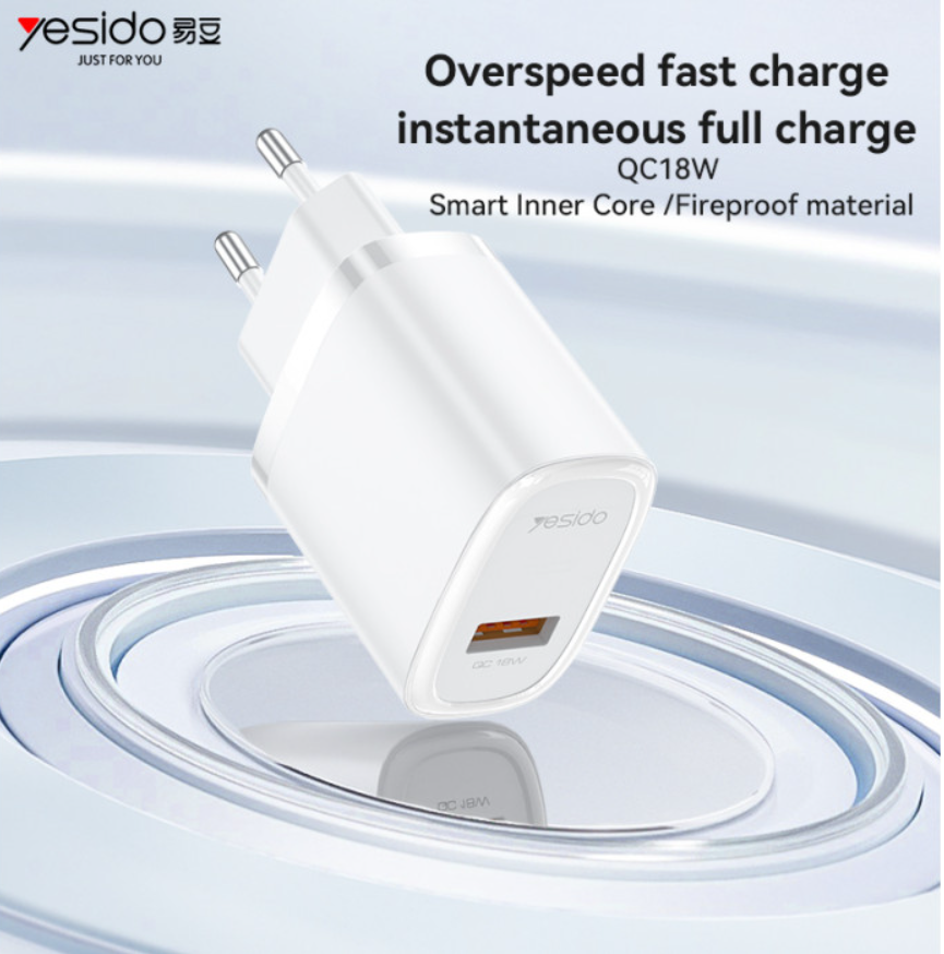 شاحن جداري سريع yesido بقدرة 18 واط ومنفذ USB-A (قابس أوروبي) - Image 1 + 1