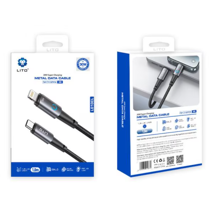 وصلة بيانات وشحن فائق lito بقوة 30 واط من Type-C إلى Lightning مع ضوء LED  - Image 2 + 1