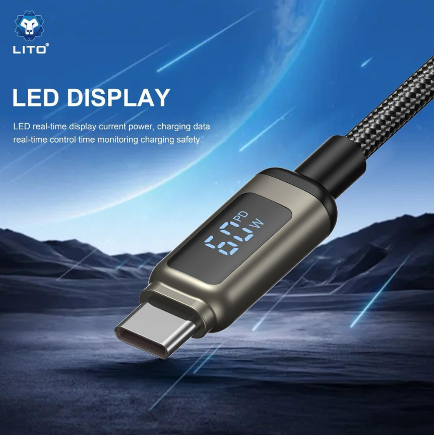 وصلة بيانات وشحن فائق lito بقوة 60 واط من نوع Type-C إلى Type-C مع شاشة LED - Image 2 + 1