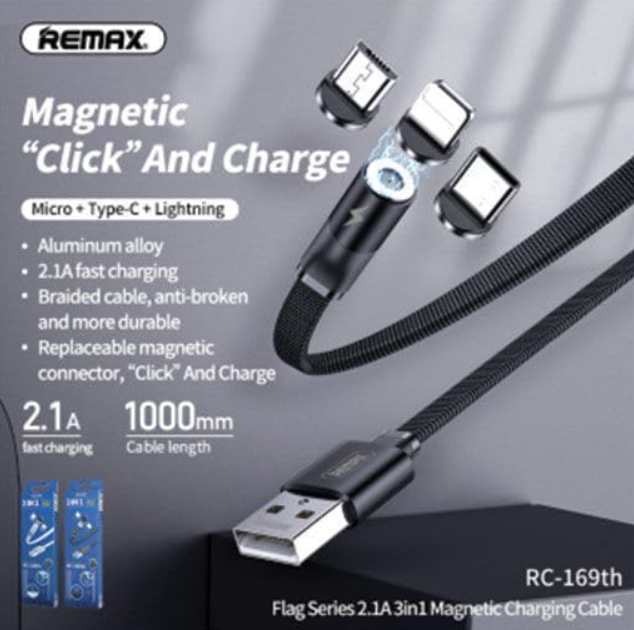 وصلة remax في 1 مغناطيسي للشحن (1 متر، 2.1A) - Image 1 + 1
