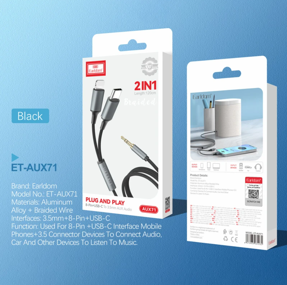 وصلة الصوت earldom لايتنينغ 8-pin / تايب-C (1.2 متر، نايلون) - Image 2 + 1