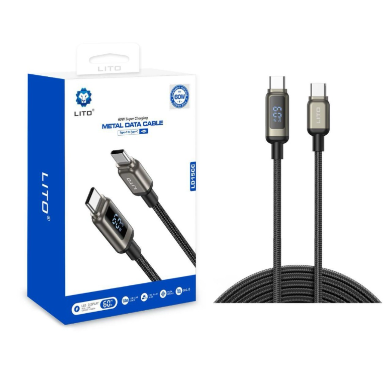 وصلة بيانات وشحن فائق lito بقوة 60 واط من نوع Type-C إلى Type-C مع شاشة LED - Image 1 + 1