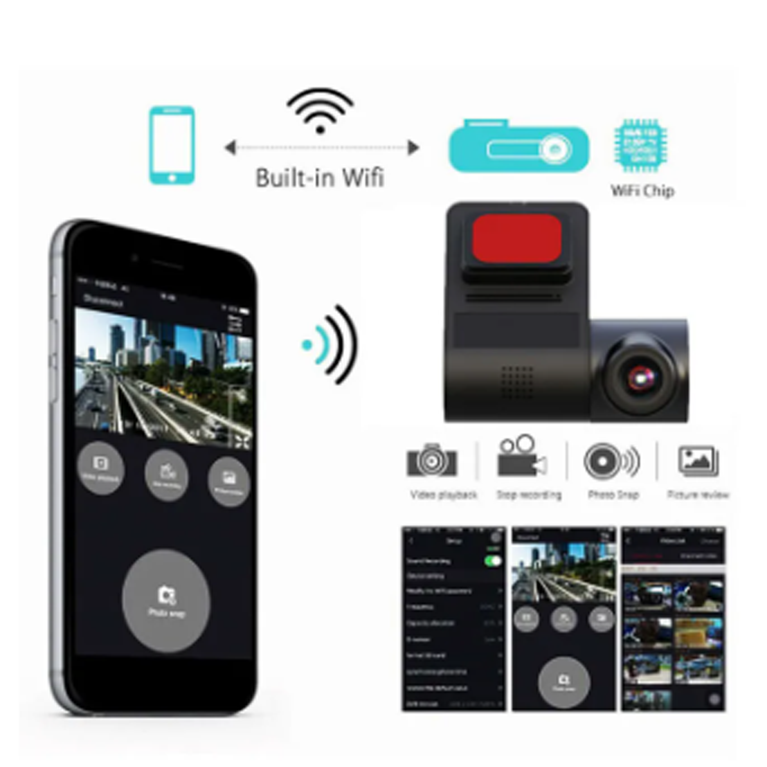 كاميرا قيادة للسيارة WiFi - Full HD بزاوية تصوير 170° وعدسة دوّارة - Image 1 + 1