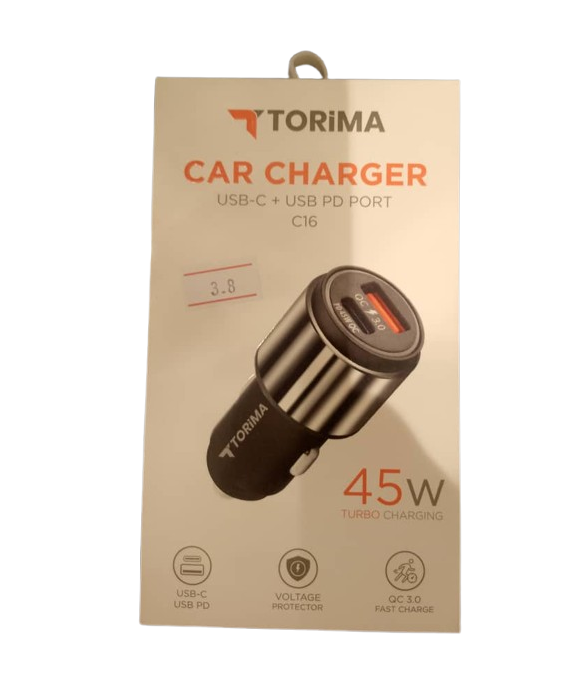 راسية شاحن سيارة torima بمنفذين USB (USB-C + USB PD)، قدرة 45 واط  - Image 1 + 1