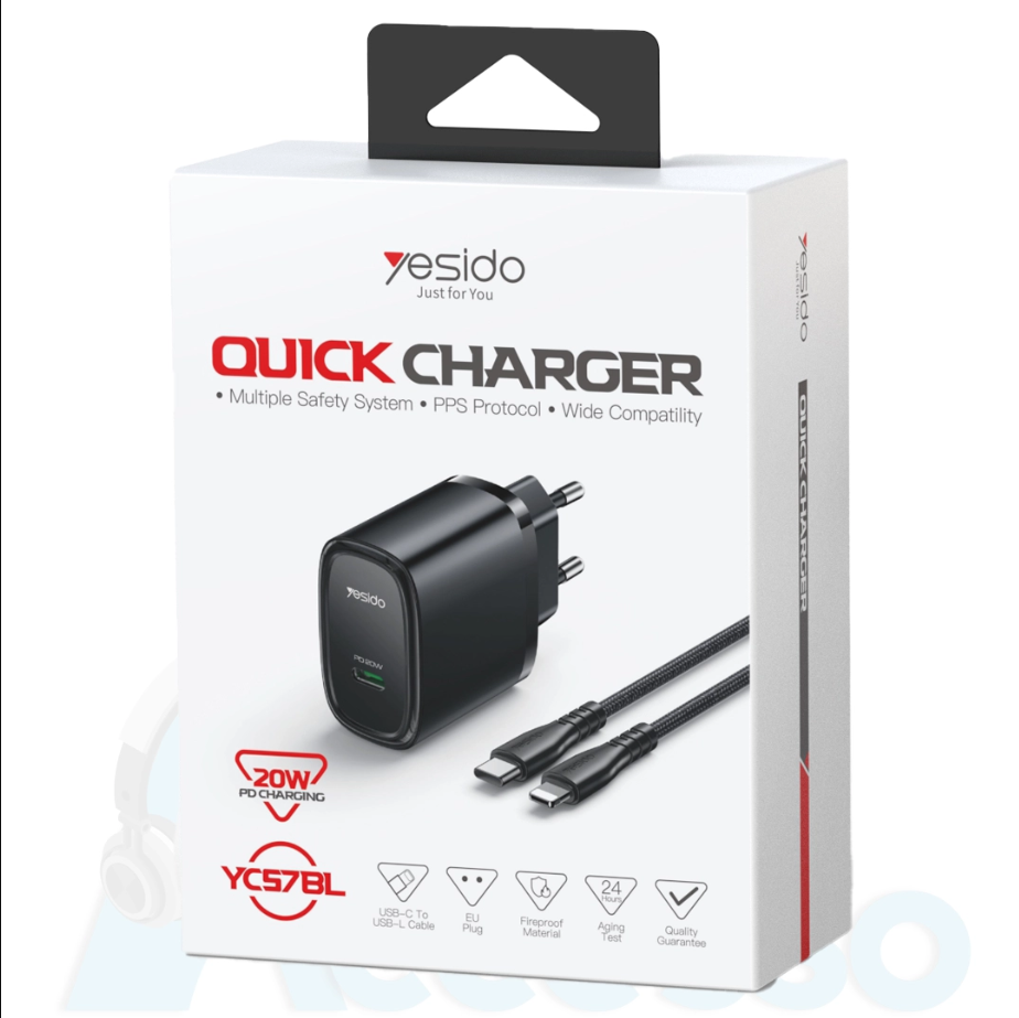شاحن جداري yesido بقدرة 20W (مع وصلة USB-C إلى Lightning) - Image 1 + 1