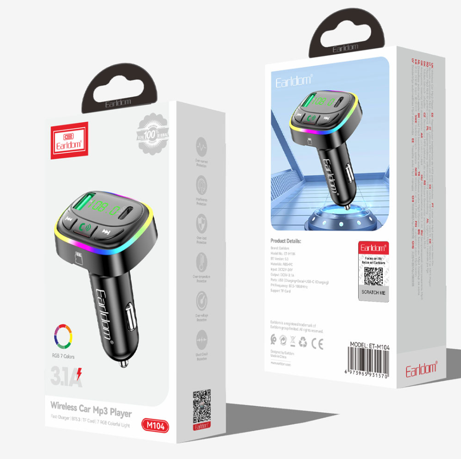 مشغّل MP3 للسيارة earldom بلوتوث، ناقل FM، شحن سريع، وإضاءة RGB - Image 1 + 1