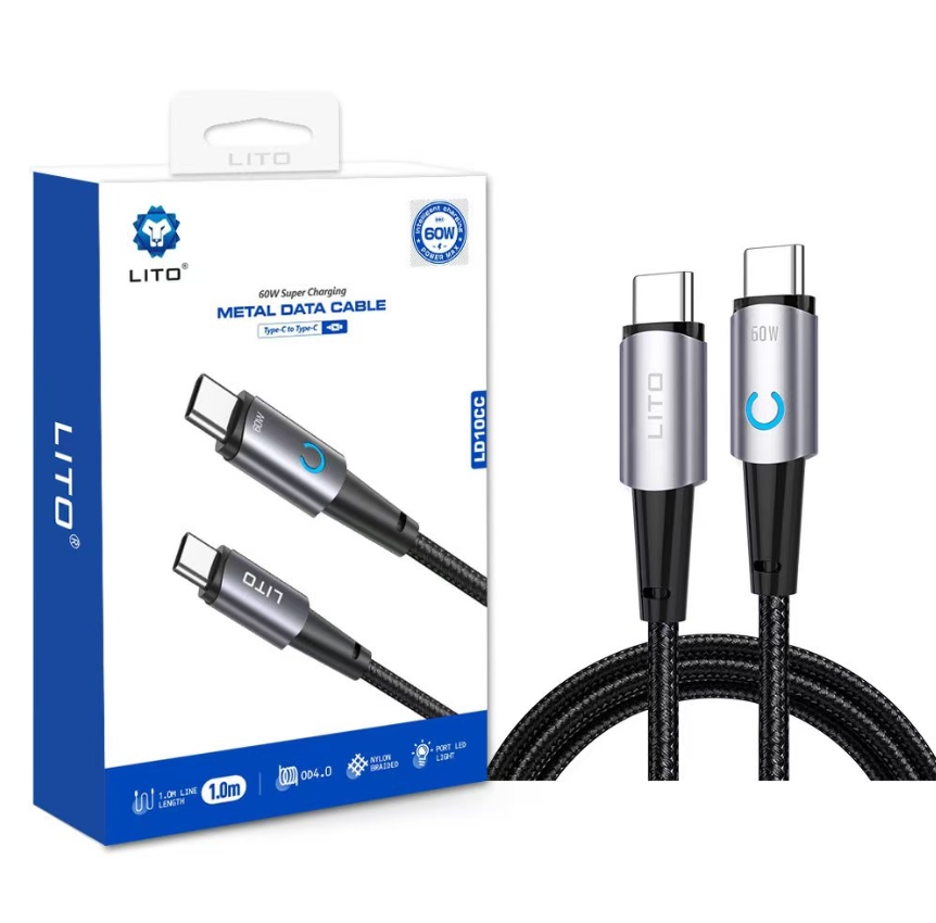 وصلة بيانات معدنية lito من Type-C إلى Type-C بقوة 60 واط مع ضوء LED - Image 1 + 1