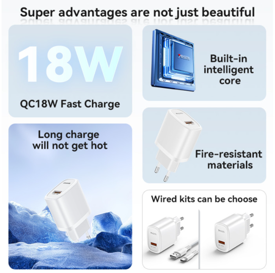 شاحن جداري سريع yesido بقدرة 18 واط ومنفذ USB-A (قابس أوروبي) - Image 2 + 1