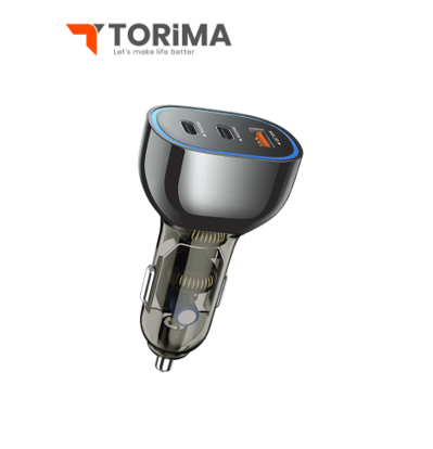 شاحن سيارة سريع torima بـ 3 منافذ – 68 واط QC3.0 + USB PD 50W، Type-C (12–24 فولت) 