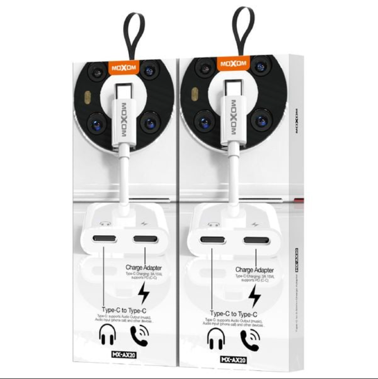 تحويلة moxom من Type-C إلى Type-C + Type-C (شحن وصوت، 3A، 15W) - Image 1 + 1